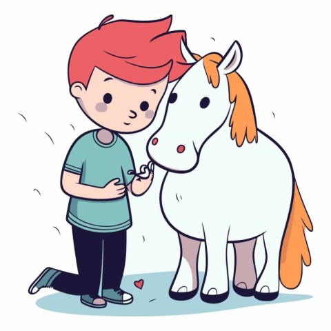 Little boy and a white horse in cartoon style.