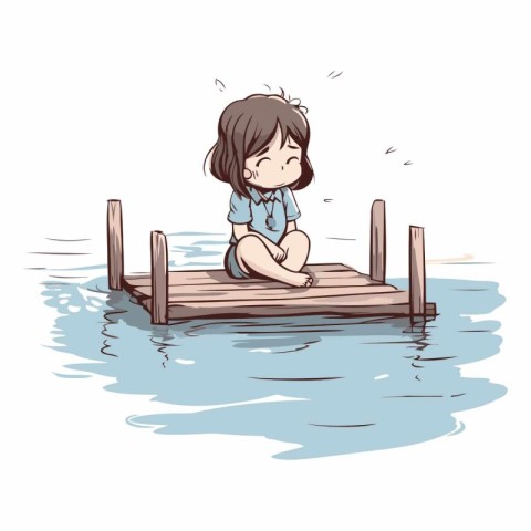 Illustration of a little girl sitting on a jetty in the water