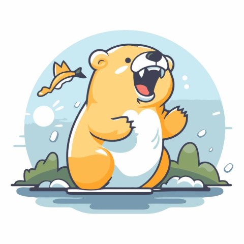 Cute cartoon polar bear on ice in flat style