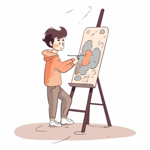 Boy painting a picture on the easel in cartoon style