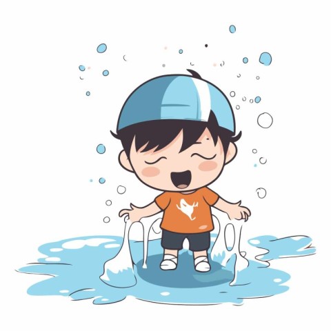 Cute little boy playing with water in the pool.