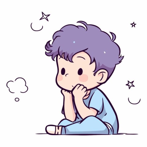 Illustration of a Cute Little Boy Sitting and Thinking about Som