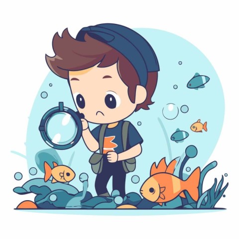 Cute little boy looking at the fish. Vector flat cartoon illustr