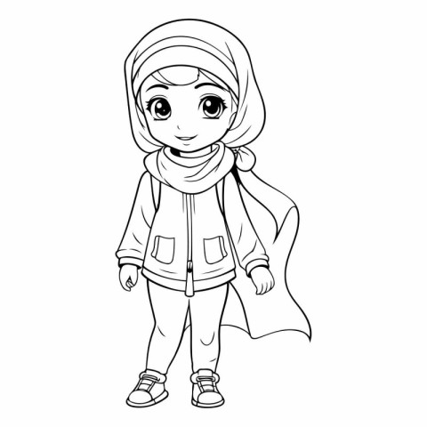 Cute little girl in winter clothes for coloring book.