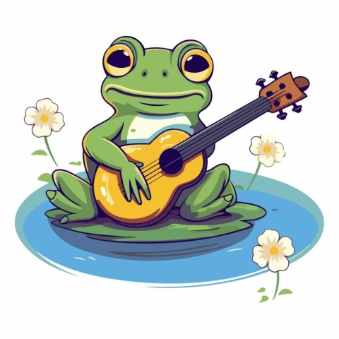 Frog with a guitar on a pond. Vector cartoon illustration.