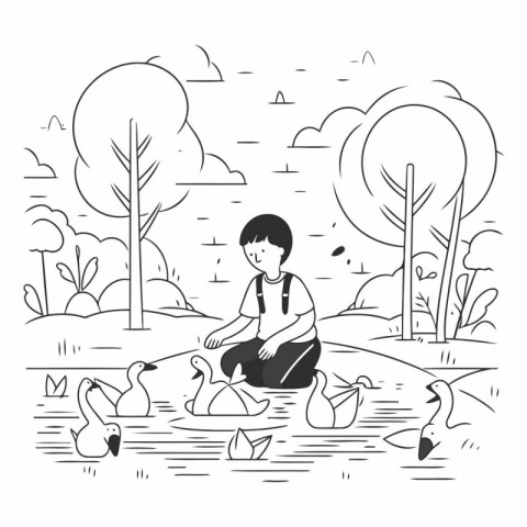 Little boy playing with ducks in the park. Black and white vecto