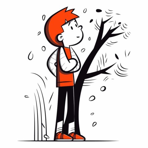 Cartoon character of a sad boy standing near a tree.