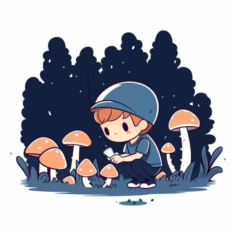 Little boy playing with mushrooms in the forest. Cute vector ill