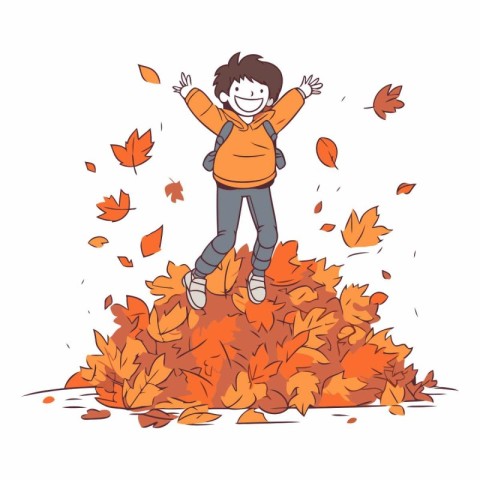 Happy little boy jumping on pile of autumn leaves.