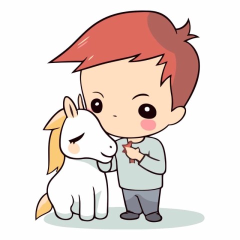 Cute little boy with a white horse. Vector cartoon illustration.