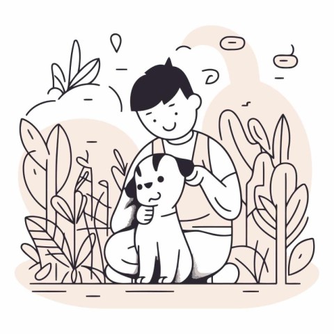 Vector illustration of a boy playing with a dog in the garden.