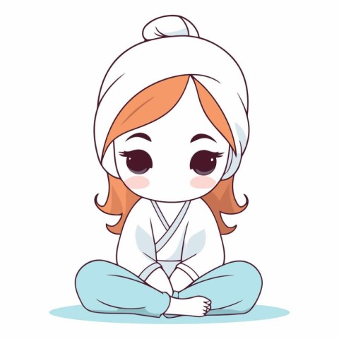 Cute cartoon girl in pajamas sitting on the floor.