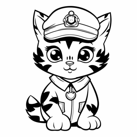 Black and White Cartoon Illustration of Cute Cat Captain Animal