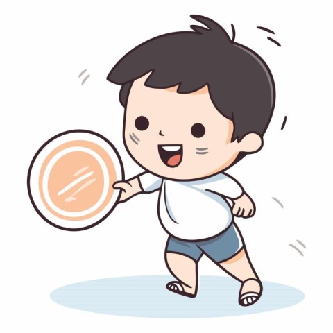 Cute little boy running and playing with coin cartoon vector ill