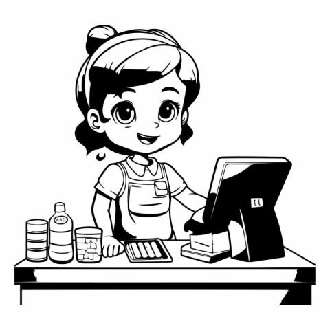 Cute girl working at the computer. Black and white vector illust