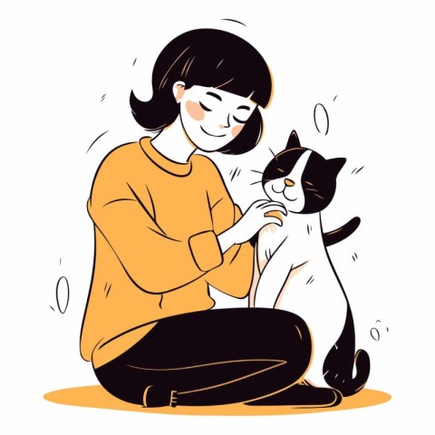 Vector illustration of a girl playing with her cat. Isolated on