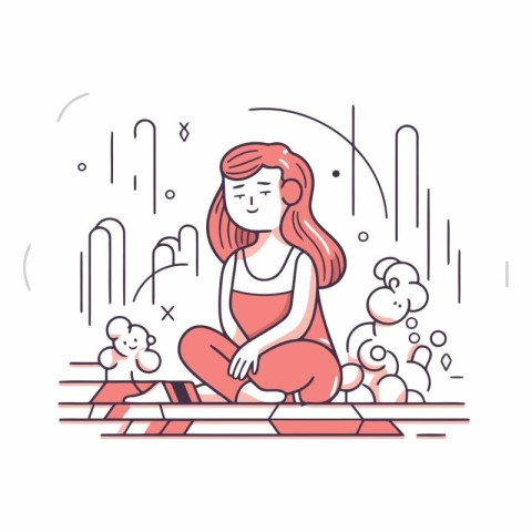 Girl sitting in lotus position on yoga mat. Vector line art illu