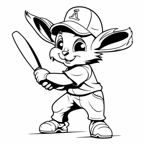 Cute Little Bunny Baseball Player - Black and White Cartoon Illu