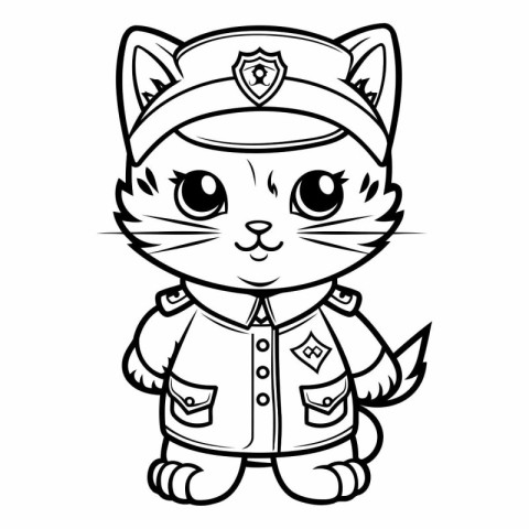 Black and White Cartoon Illustration of Cute Cat Police Characte