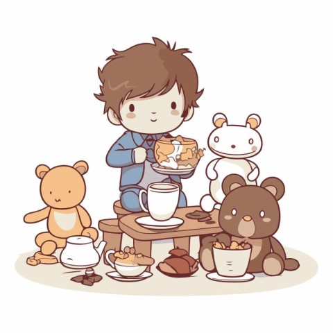 Boy having breakfast with teddy bears in cartoon style.