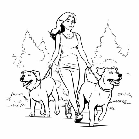 Young woman walking with her dogs in the park.