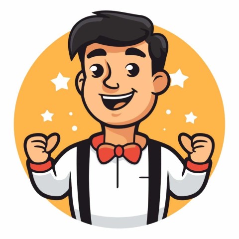 Vector cartoon illustration of a smiling man with bow tie and su