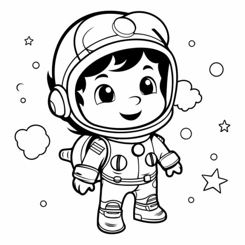 Black and White Cartoon Illustration of Astronaut Boy Character