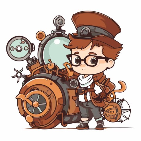 Cute cartoon boy dressed as a steampunk.