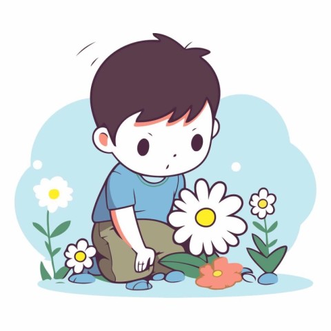 Boy playing with daisies in cartoon style.