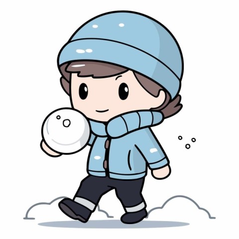 Illustration of a Kid Boy Holding a Snowball in His Hand