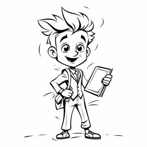 Cartoon schoolboy holding book - Black and White Vector Illustra