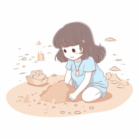 Illustration of a little girl playing with sand in the beach.