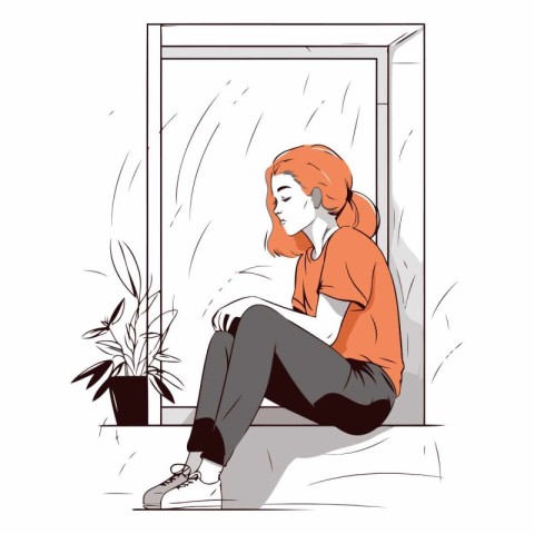 Sad young woman sitting in front of the window.