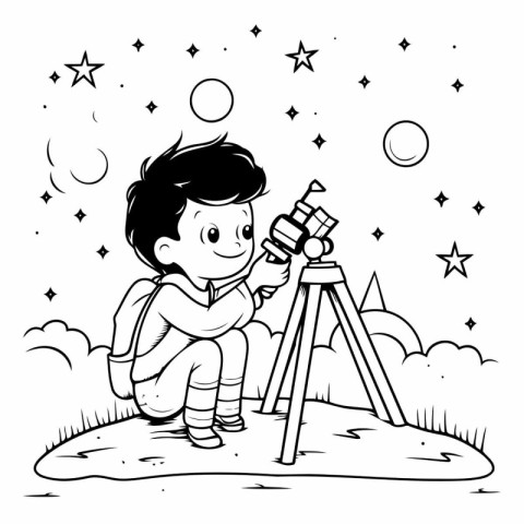 Boy and telescope in the night sky. black and white vector illus