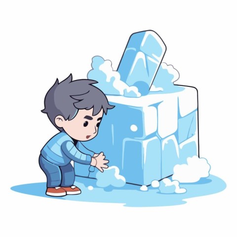 Little boy playing with ice cube. Cute cartoon vector illustrati