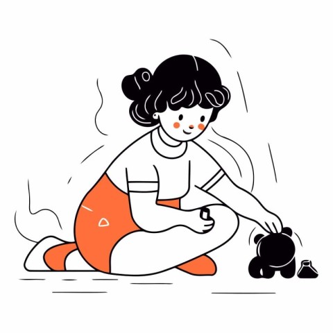 Vector illustration of a little girl playing with a cat. Cute ca