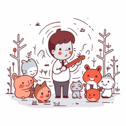 Cute cartoon little boy playing guitar with his friends.