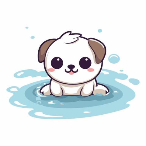 Cute cartoon dog sitting in the water on white background.