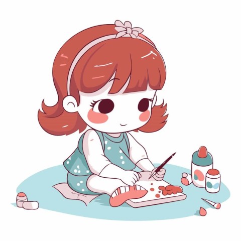 Cute little girl painting with paints in cartoon style.