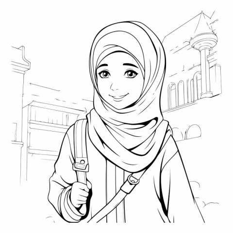 Muslim girl with a backpack on the background of the mosque