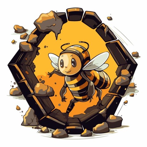 Honey bee in the hexagon. Cartoon style.