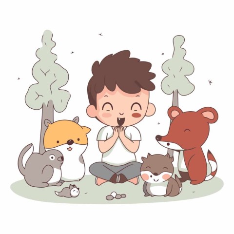 Cute little boy playing with animals in the park