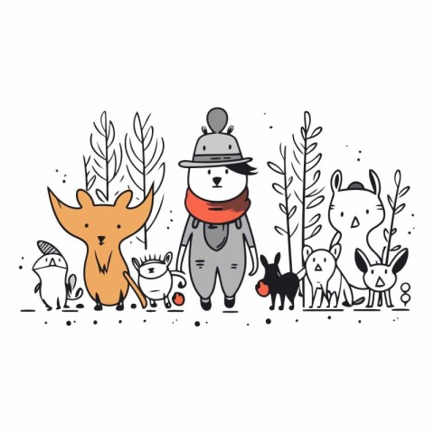 Cute hand drawn vector illustration of foxes. squirrels and dogs