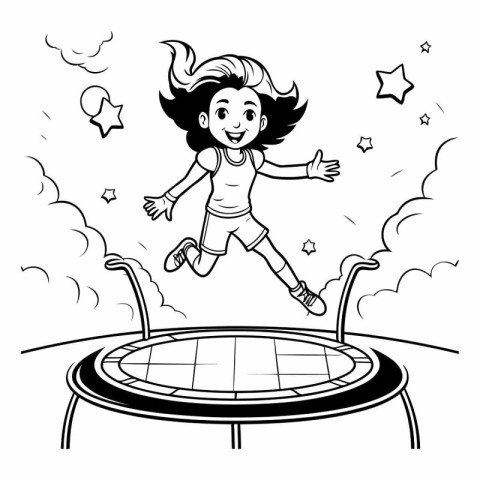 Girl jumping on a trampoline. Black and white vector illustratio