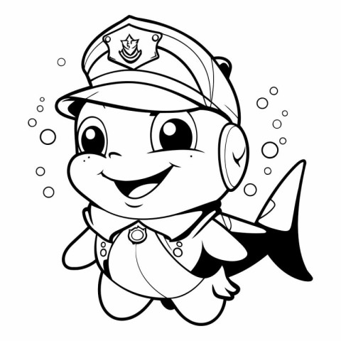 Coloring Page Outline Of a Little Fish With Policeman Costume