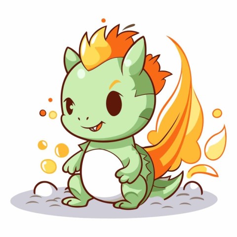 Cute cartoon green dragon playing with a ball.