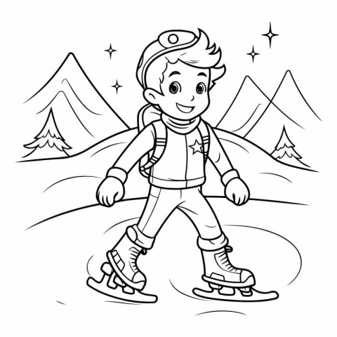 Outline illustration of a boy skating on skates. Coloring book f