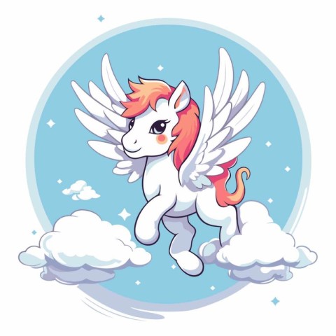 Cute cartoon unicorn flying on the clouds of a flying unicorn.