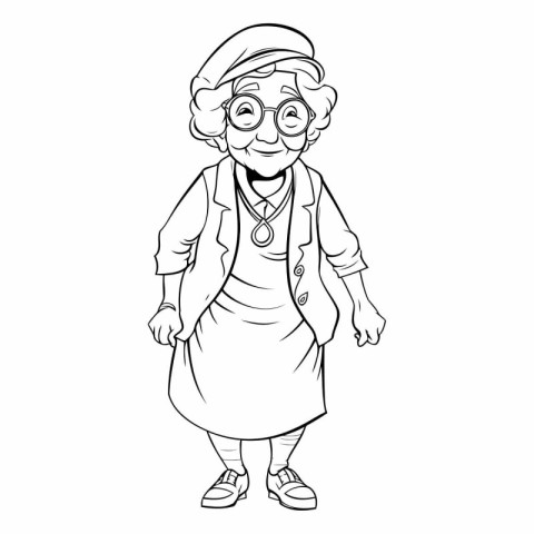 Cartoon old woman with glasses for coloring book.