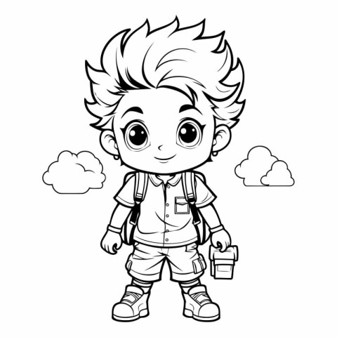 Black and White Cartoon Illustration of Cute Kid Boy Traveler Ch